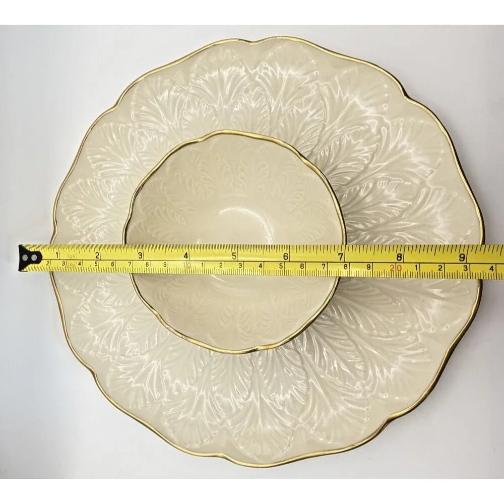 Lenox CHIP & DIP SET Greenfield Collection Embossed Ivory Porcelain 24k Gold 10